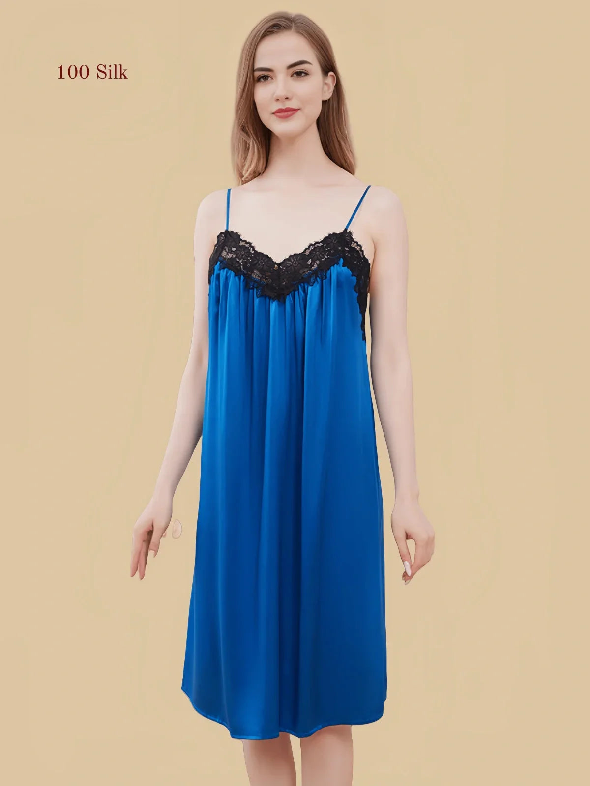 100% Mulberry Silk 19Momme V-Neck Midi Nightgown & Robe with Lace Design