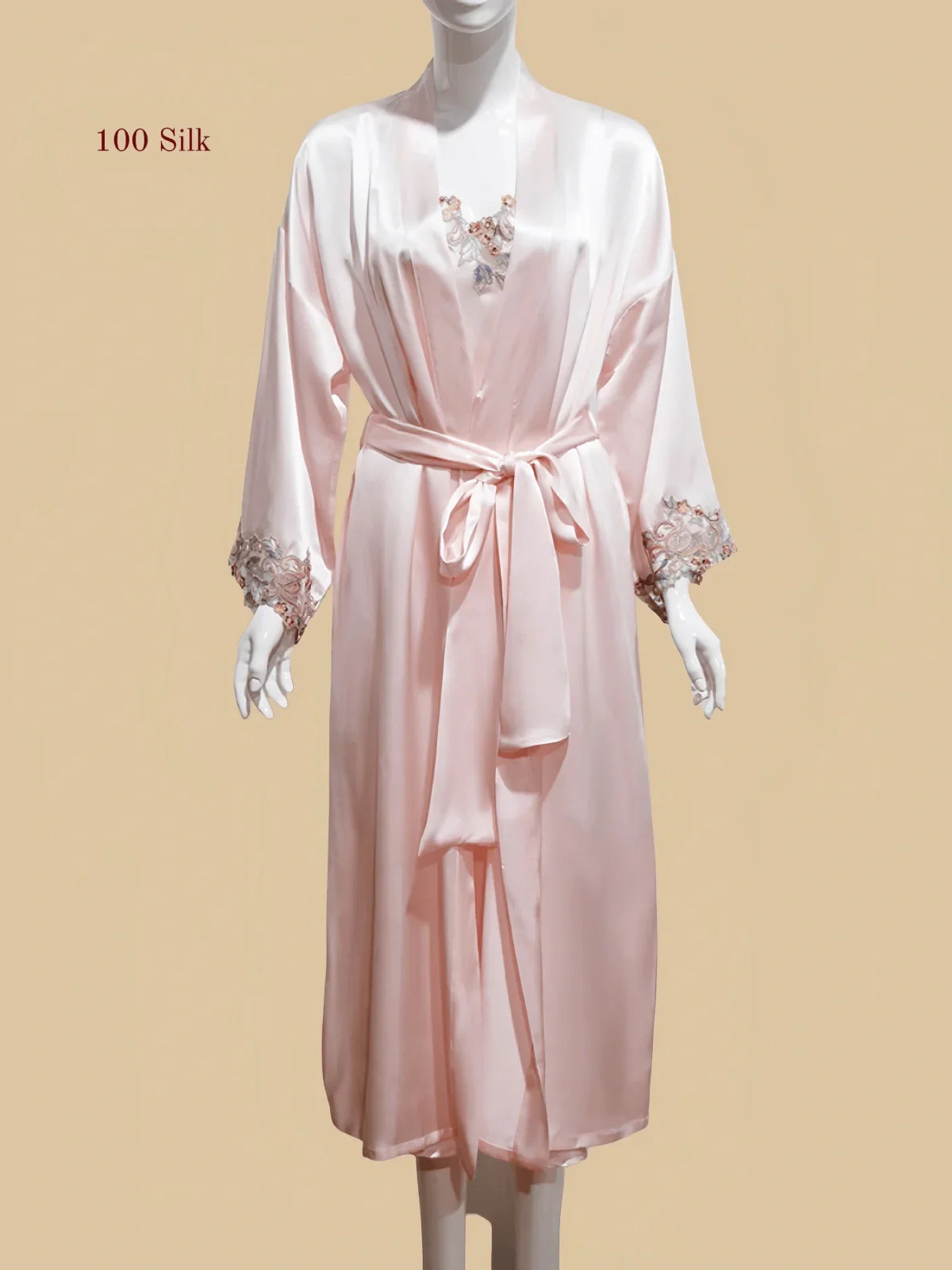 100% Mulberry Silk 19Momme Midi Kimono Robe & Nightgown with Lace Design