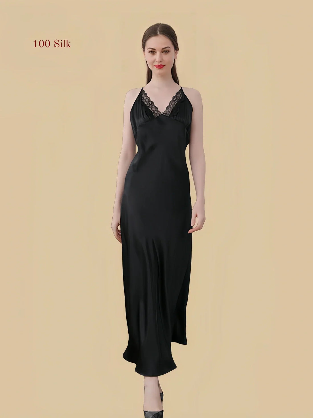 100% Mulberry Silk 19Momme V-Neck Maxi Nightgown with Lace Cross Back Design