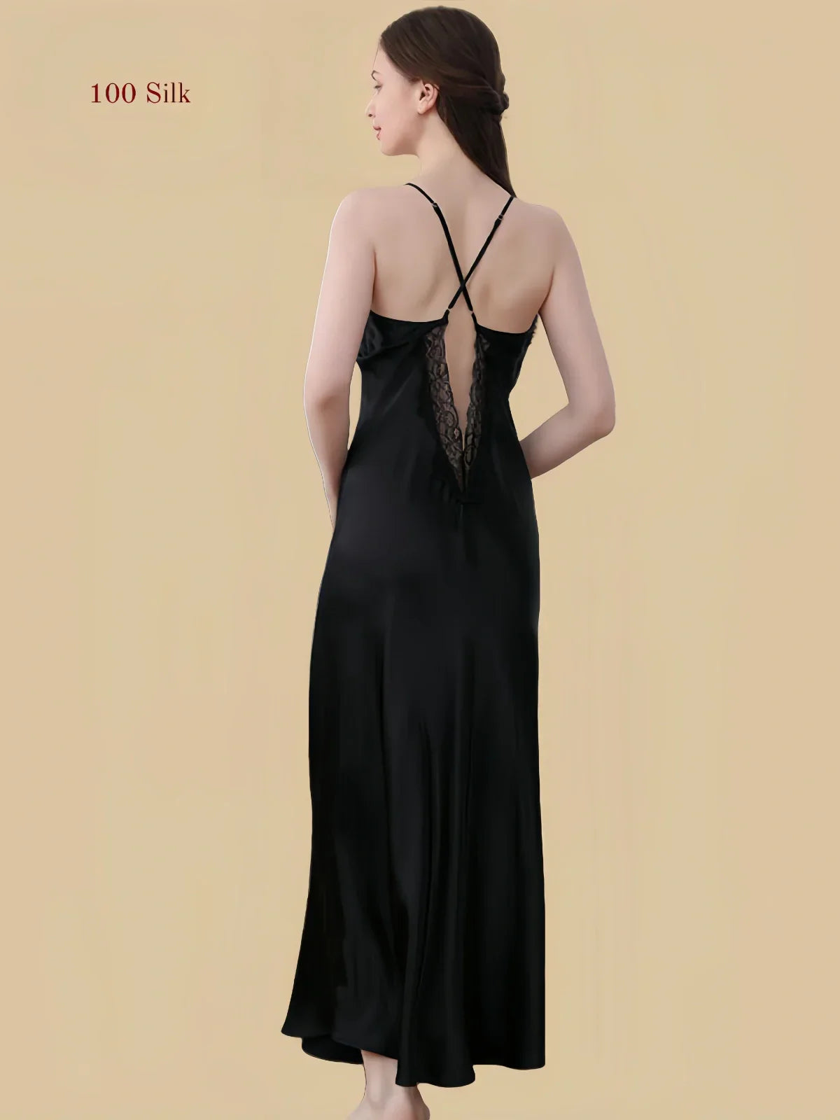 100% Mulberry Silk 19Momme V-Neck Maxi Nightgown with Lace Cross Back Design