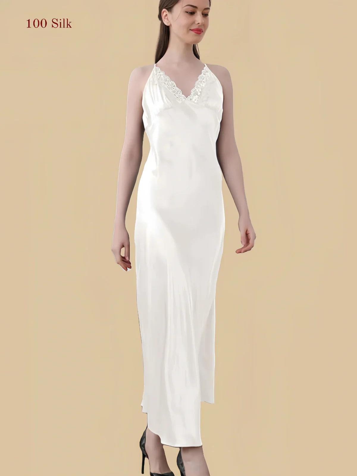 100% Mulberry Silk 19Momme V-Neck Maxi Nightgown with Lace Cross Back Design