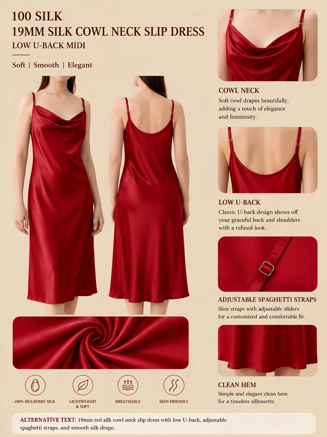 100% Mulberry Silk 19Momme Cowl Neck Spaghetti Strap Midi Nightgown