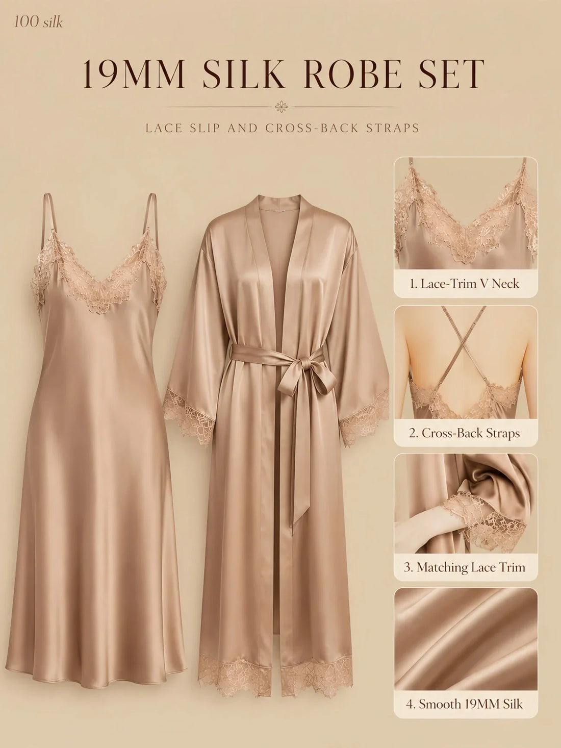100% Mulberry Silk 19Momme Lace Trim Nightgown & Kimono Robe Set