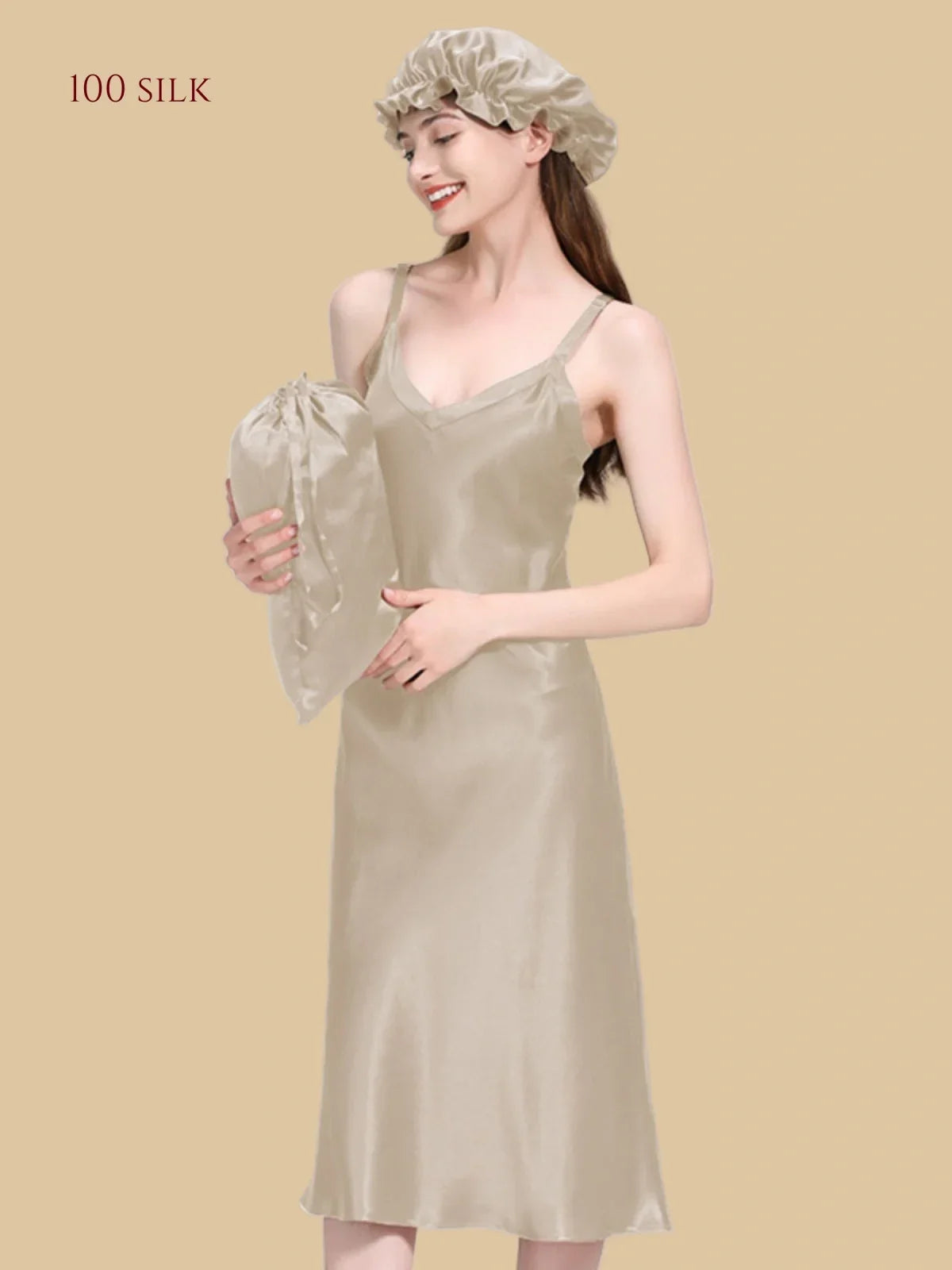 100% Mulberry Silk 22Momme V-Neck Spaghetti Strap Midi Nightgown