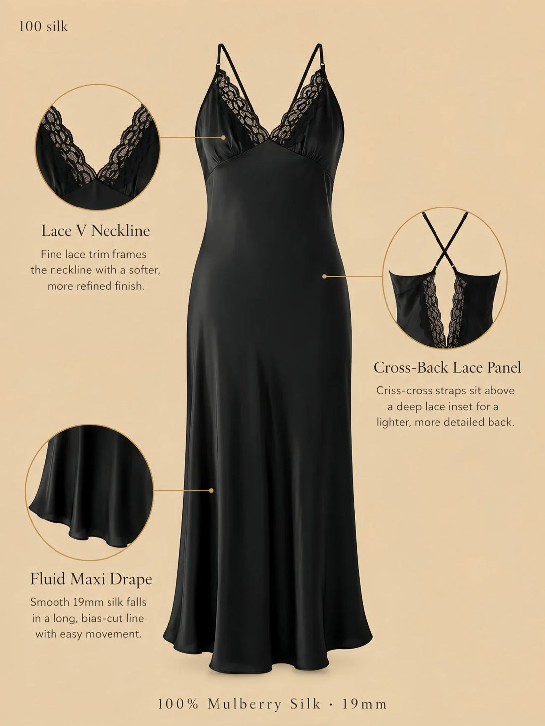 100% Mulberry Silk 19Momme V-Neck Maxi Nightgown with Lace Cross Back Design