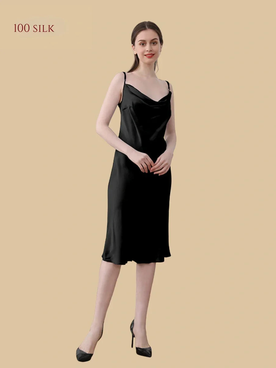100% Mulberry Silk 19Momme Cowl Neck Spaghetti Strap Midi Nightgown