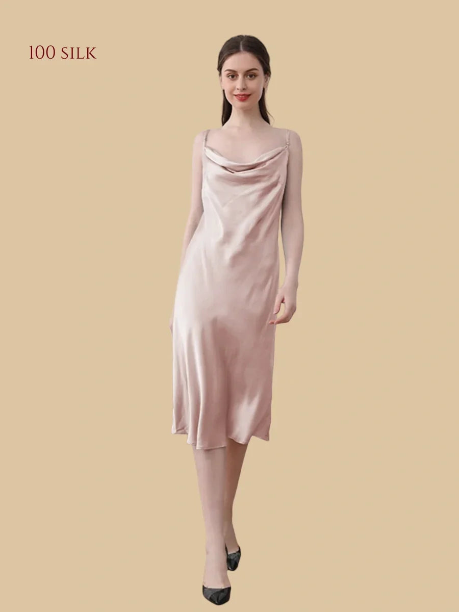 100% Mulberry Silk 19Momme Cowl Neck Spaghetti Strap Midi Nightgown