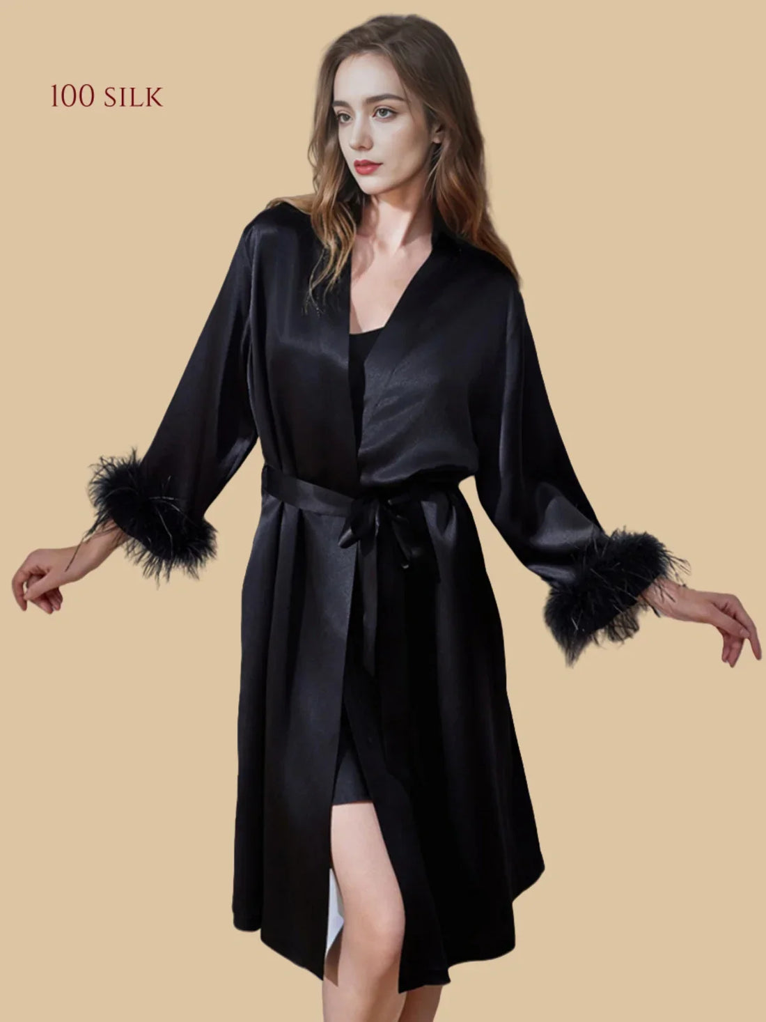 100% Mulberry Silk 19Momme Midi Kimono Robe & Nightgown with Feather-Trim Cuffs