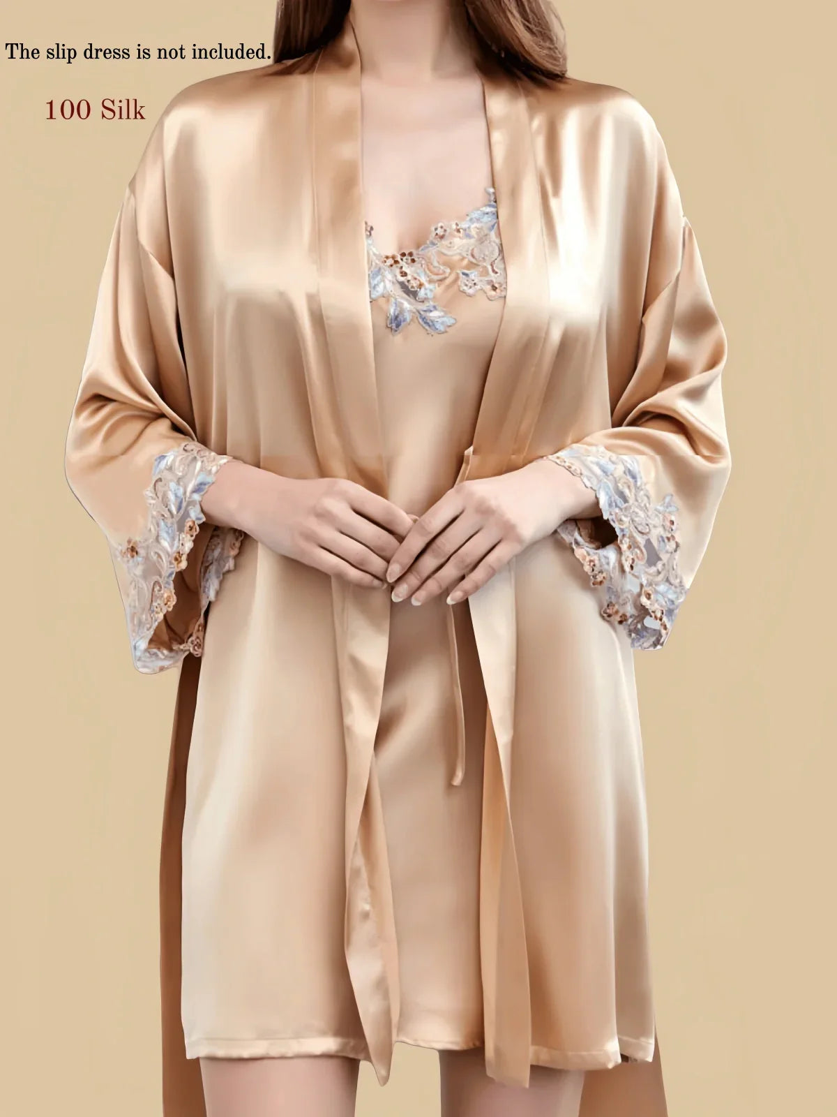 100% Mulberry Silk 19Momme Lace Nightgown &amp; Kimono Robe Set