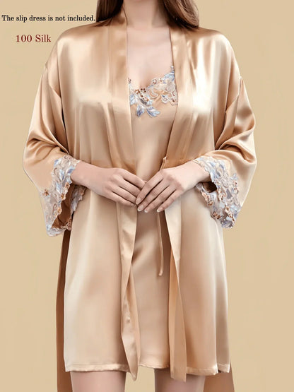100% Mulberry Silk 19Momme Lace Nightgown &amp; Kimono Robe Set