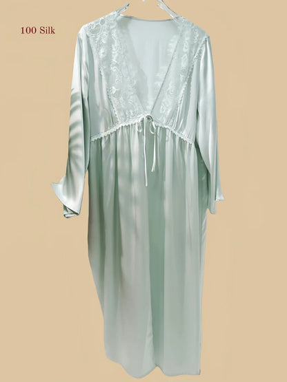 100% Mulberry Silk 19Momme V-Neck Midi Nightgown &amp; Robe with Lace Design