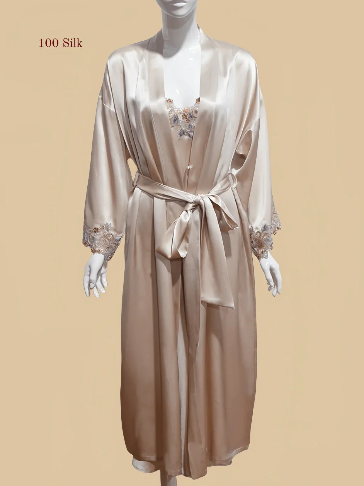 100% Mulberry Silk 19Momme Midi Kimono Robe &amp; Nightgown with Lace Design