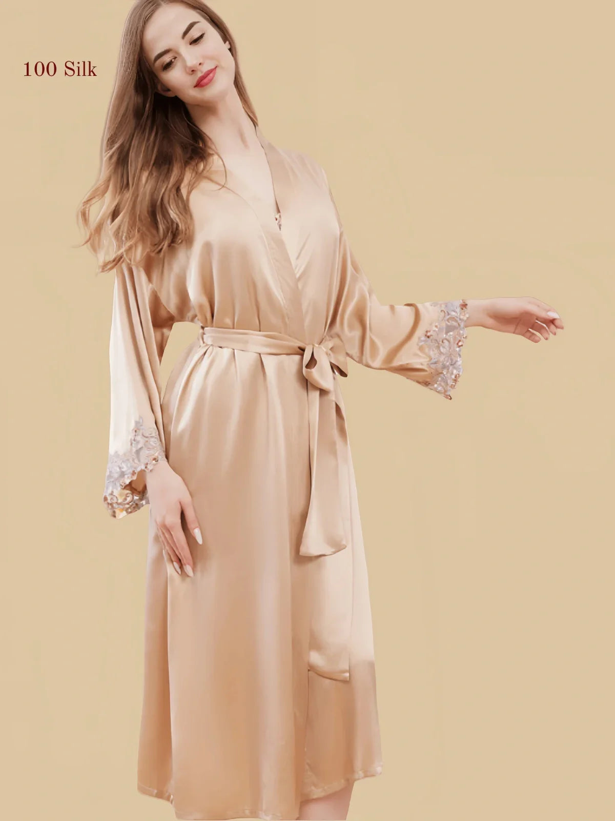 100% Mulberry Silk 19Momme Midi Kimono Robe &amp; Nightgown with Lace Design