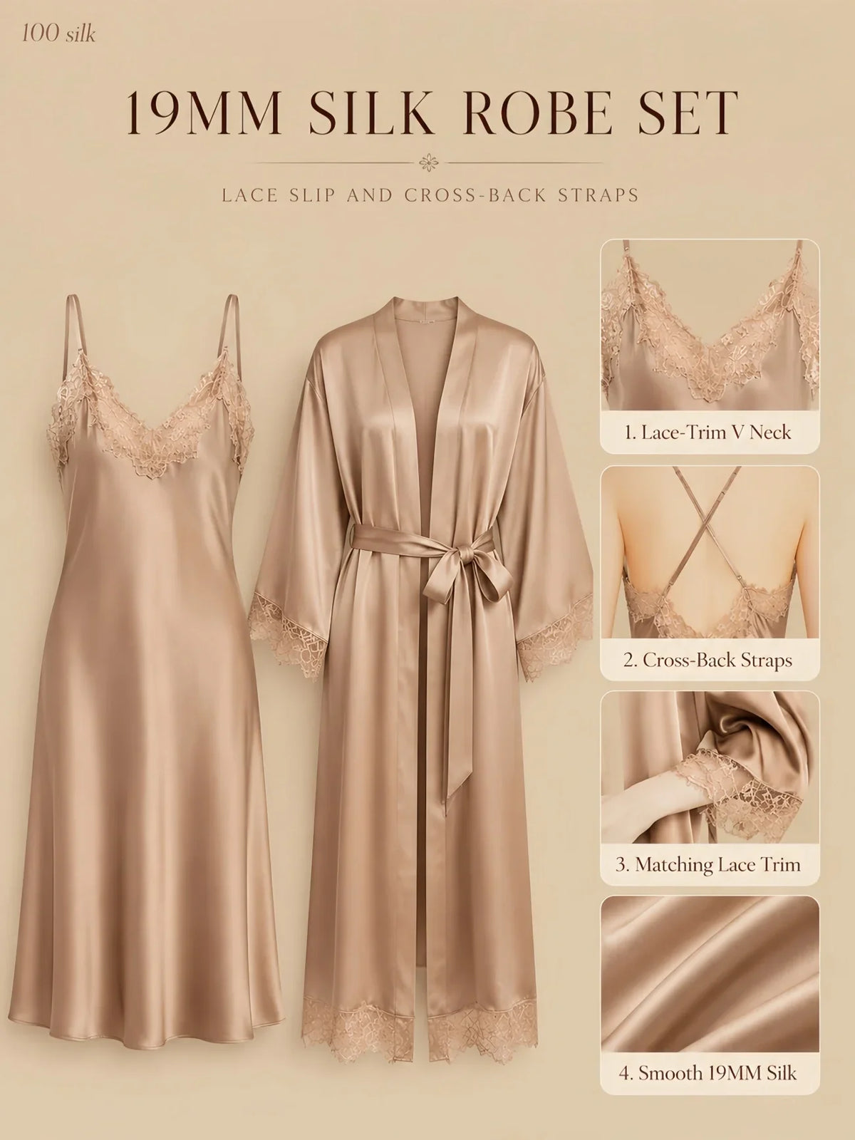 100% Mulberry Silk 19Momme Lace Trim Nightgown &amp; Kimono Robe Set