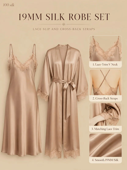 100% Mulberry Silk 19Momme Lace Trim Nightgown &amp; Kimono Robe Set