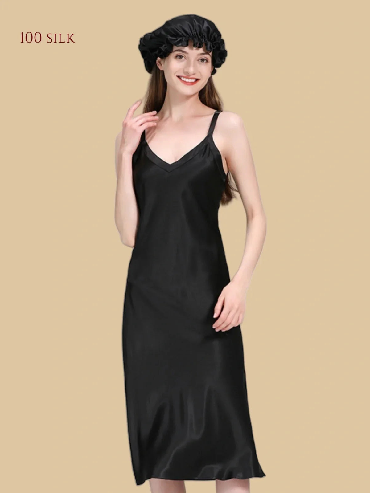 100% Mulberry Silk 22Momme V-Neck Spaghetti Strap Midi Nightgown