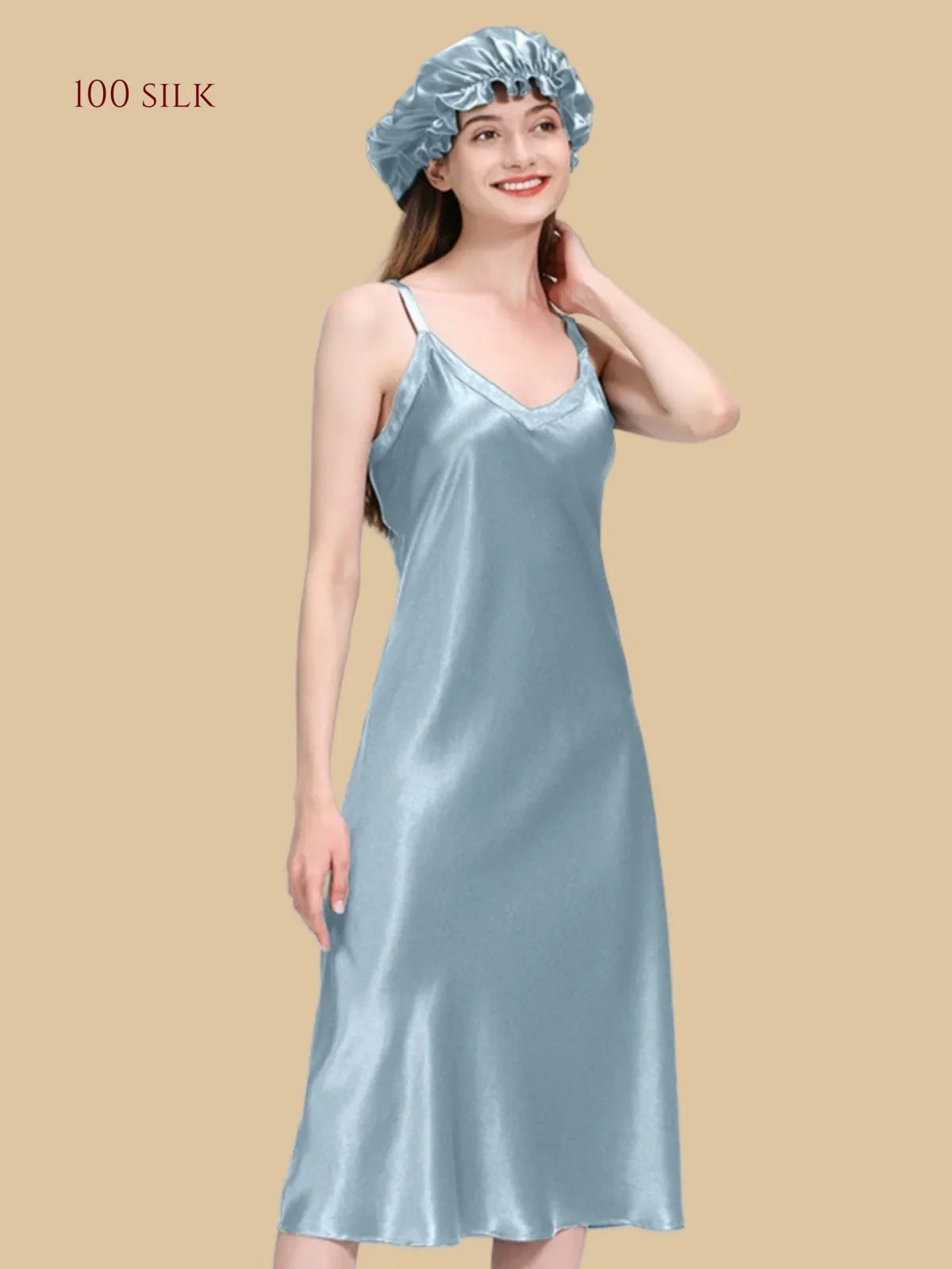 100% Mulberry Silk 22Momme V-Neck Spaghetti Strap Midi Nightgown