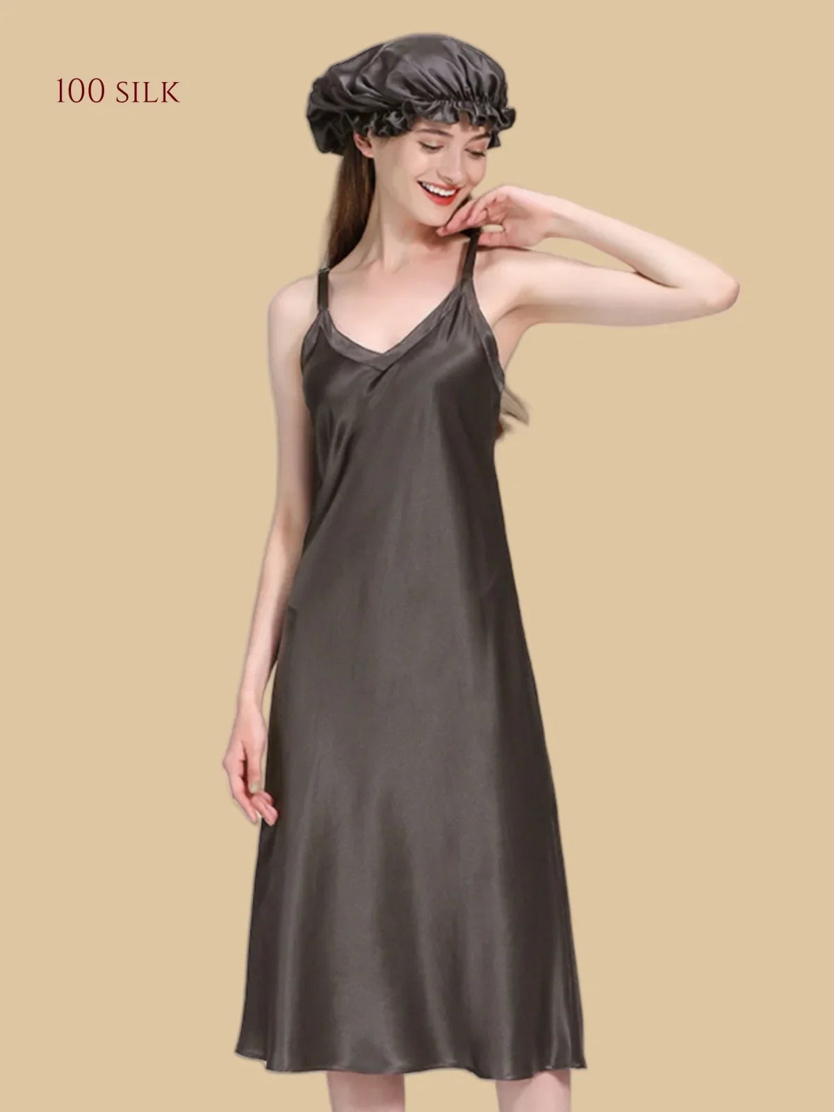 100% Mulberry Silk 22Momme V-Neck Spaghetti Strap Midi Nightgown