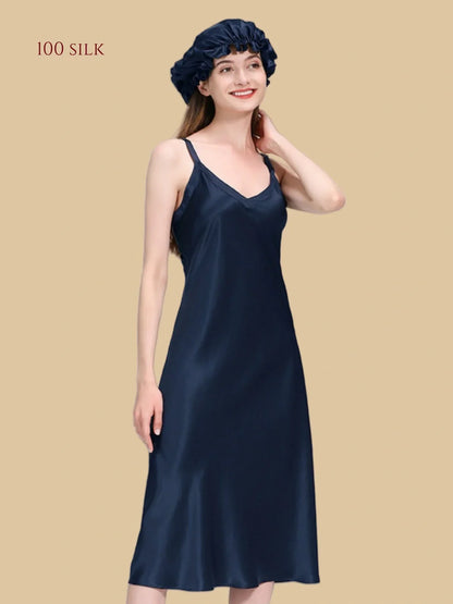 100% Mulberry Silk 22Momme V-Neck Spaghetti Strap Midi Nightgown