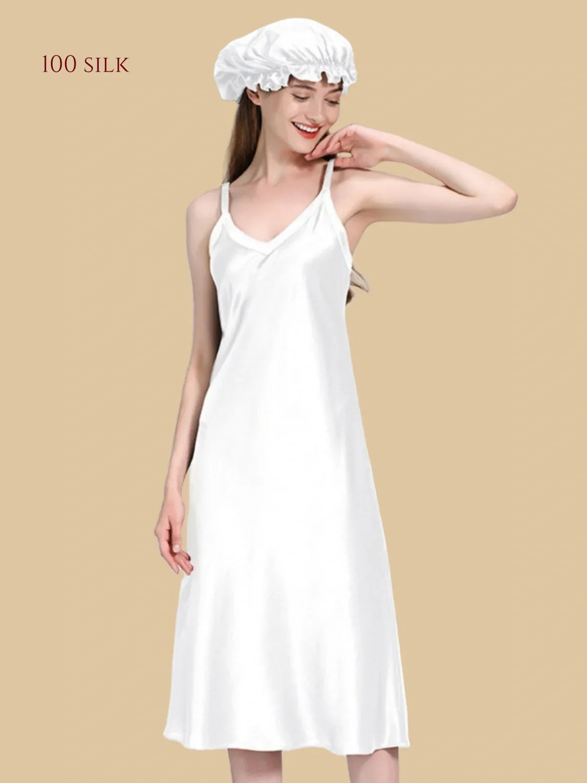 100% Mulberry Silk 22Momme V-Neck Spaghetti Strap Midi Nightgown