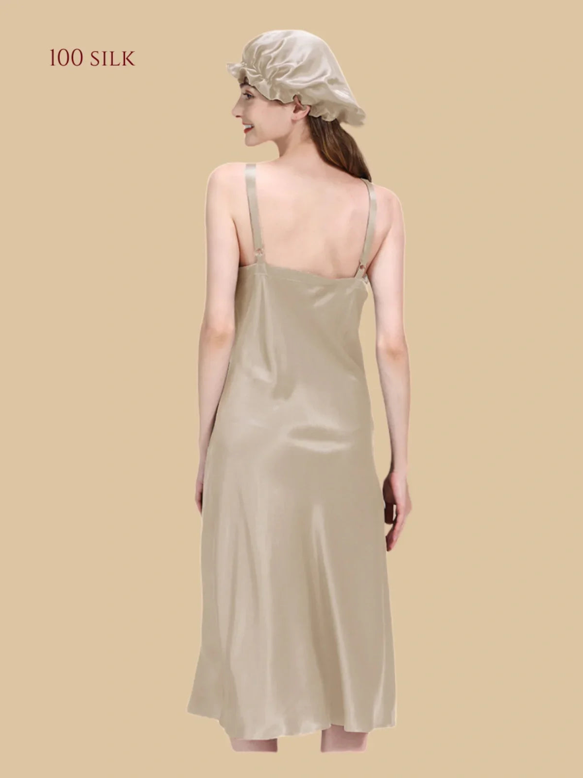 100% Mulberry Silk 22Momme V-Neck Spaghetti Strap Midi Nightgown