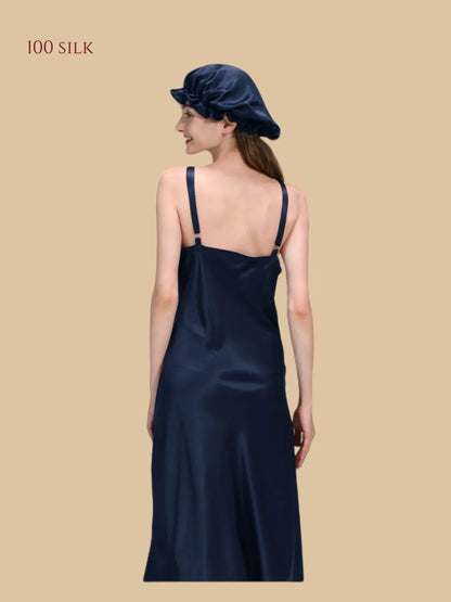 100% Mulberry Silk 22Momme V-Neck Spaghetti Strap Midi Nightgown