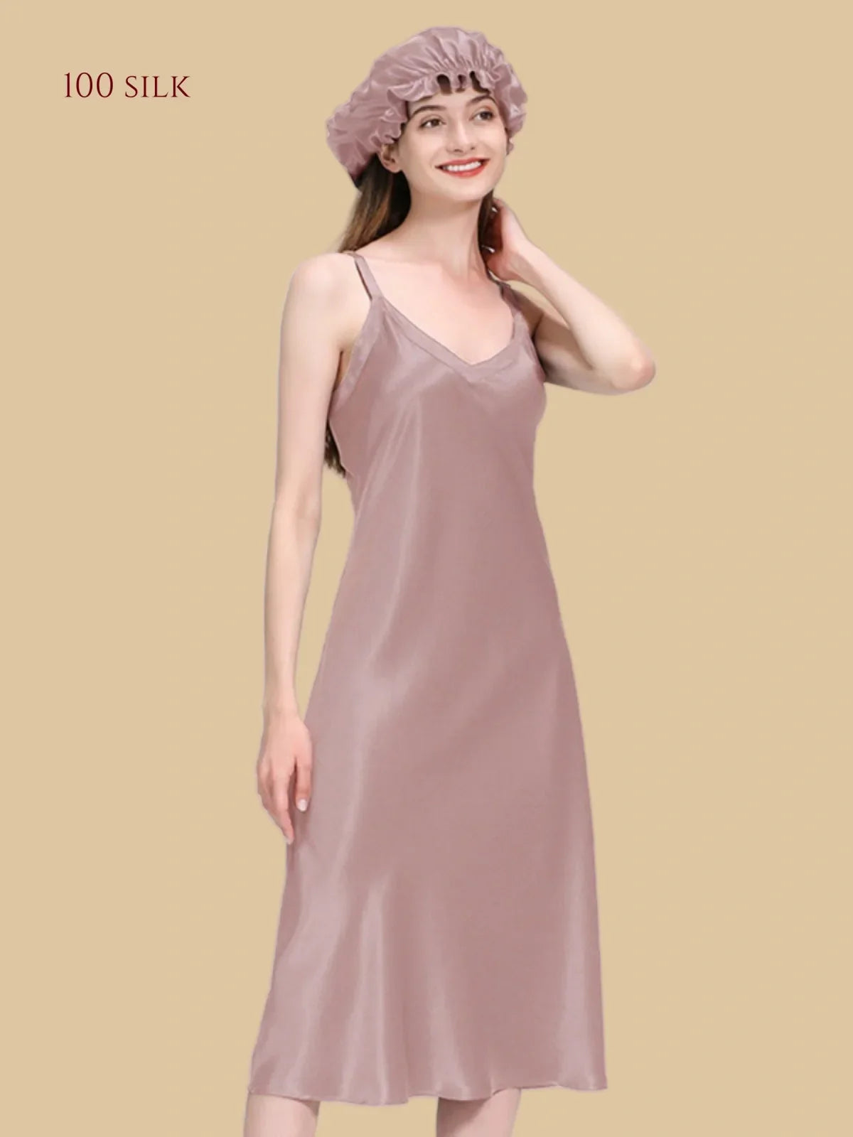 100% Mulberry Silk 22Momme V-Neck Spaghetti Strap Midi Nightgown