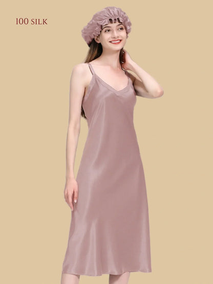 100% Mulberry Silk 22Momme V-Neck Spaghetti Strap Midi Nightgown