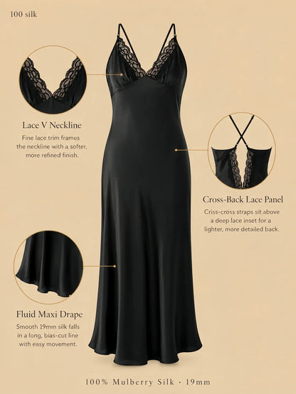 100% Mulberry Silk 19Momme V-Neck Maxi Nightgown with Lace Cross Back Design