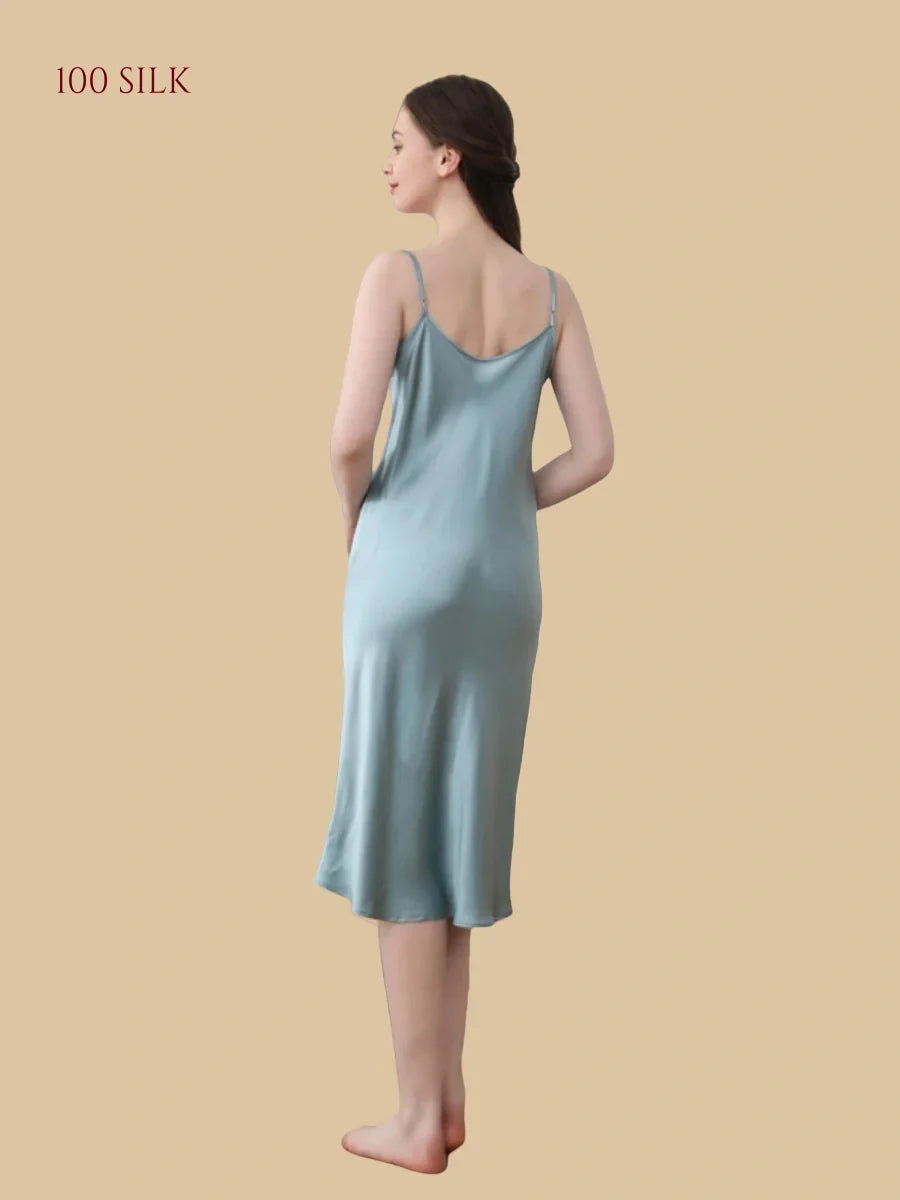 100% Mulberry Silk 19Momme Cowl Neck Spaghetti Strap Midi Nightgown