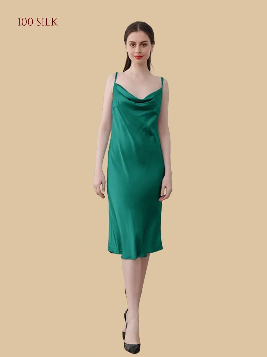 100% Mulberry Silk 19Momme Cowl Neck Spaghetti Strap Midi Nightgown