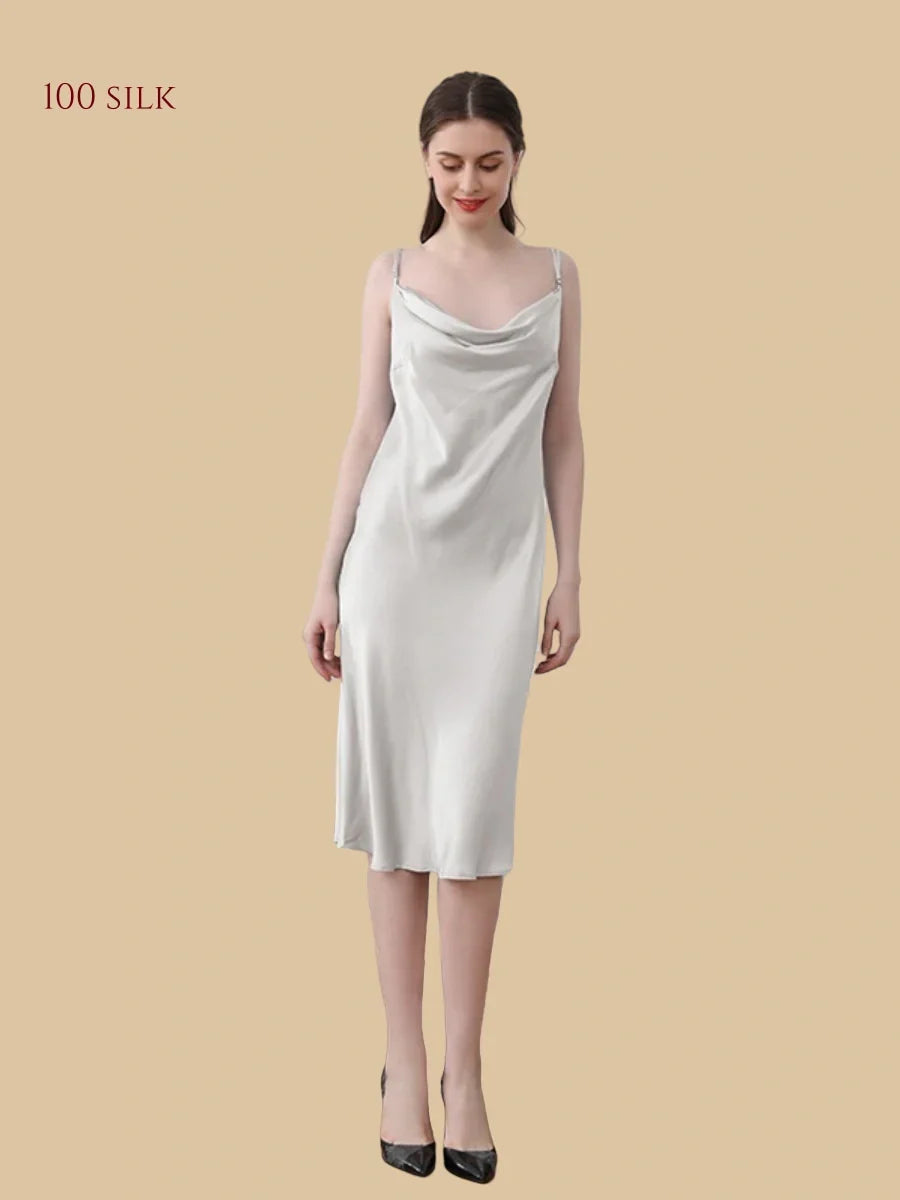 100% Mulberry Silk 19Momme Cowl Neck Spaghetti Strap Midi Nightgown