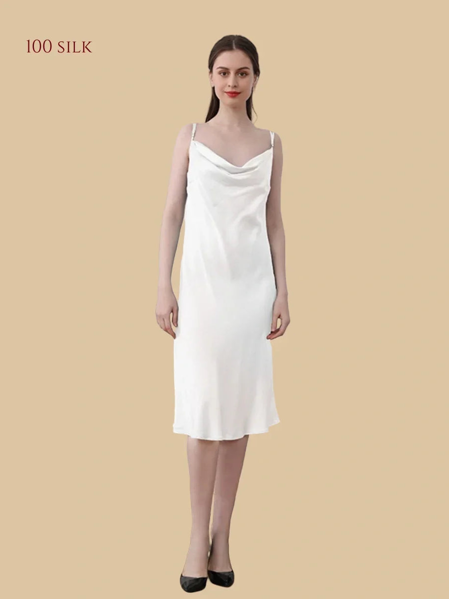 100% Mulberry Silk 19Momme Cowl Neck Spaghetti Strap Midi Nightgown
