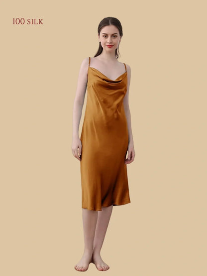 100% Mulberry Silk 19Momme Cowl Neck Spaghetti Strap Midi Nightgown
