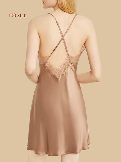 100% Mulberry Silk 19Momme Lace Trim Nightgown &amp; Kimono Robe Set