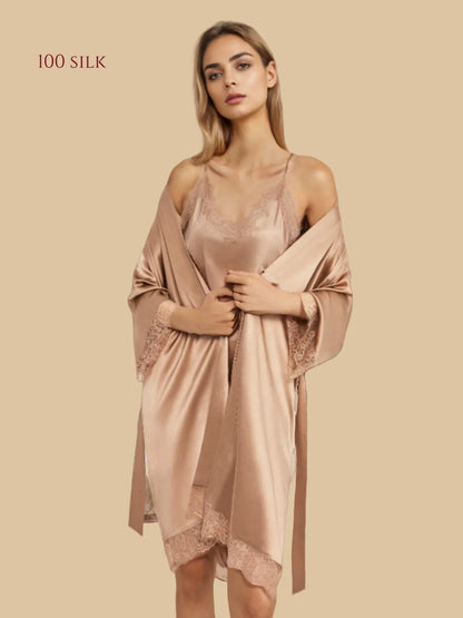 100% Mulberry Silk 19Momme Lace Trim Nightgown &amp; Kimono Robe Set