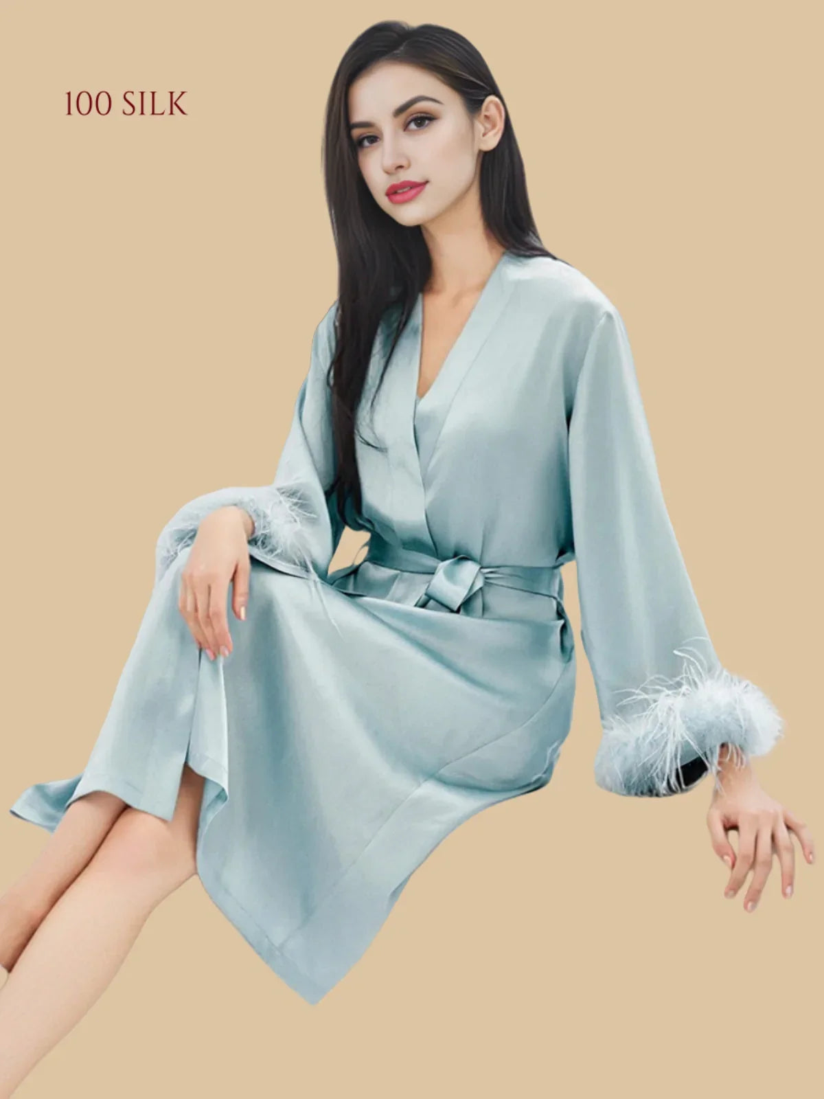 100% Mulberry Silk 19Momme Midi Kimono Robe &amp; Nightgown with Feather-Trim Cuffs