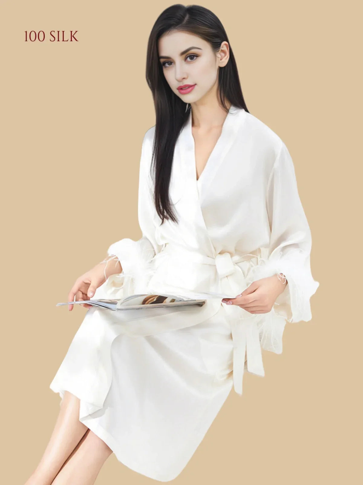 100% Mulberry Silk 19Momme Midi Kimono Robe &amp; Nightgown with Feather-Trim Cuffs