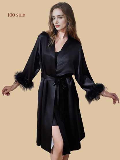 100% Mulberry Silk 19Momme Midi Kimono Robe &amp; Nightgown with Feather-Trim Cuffs