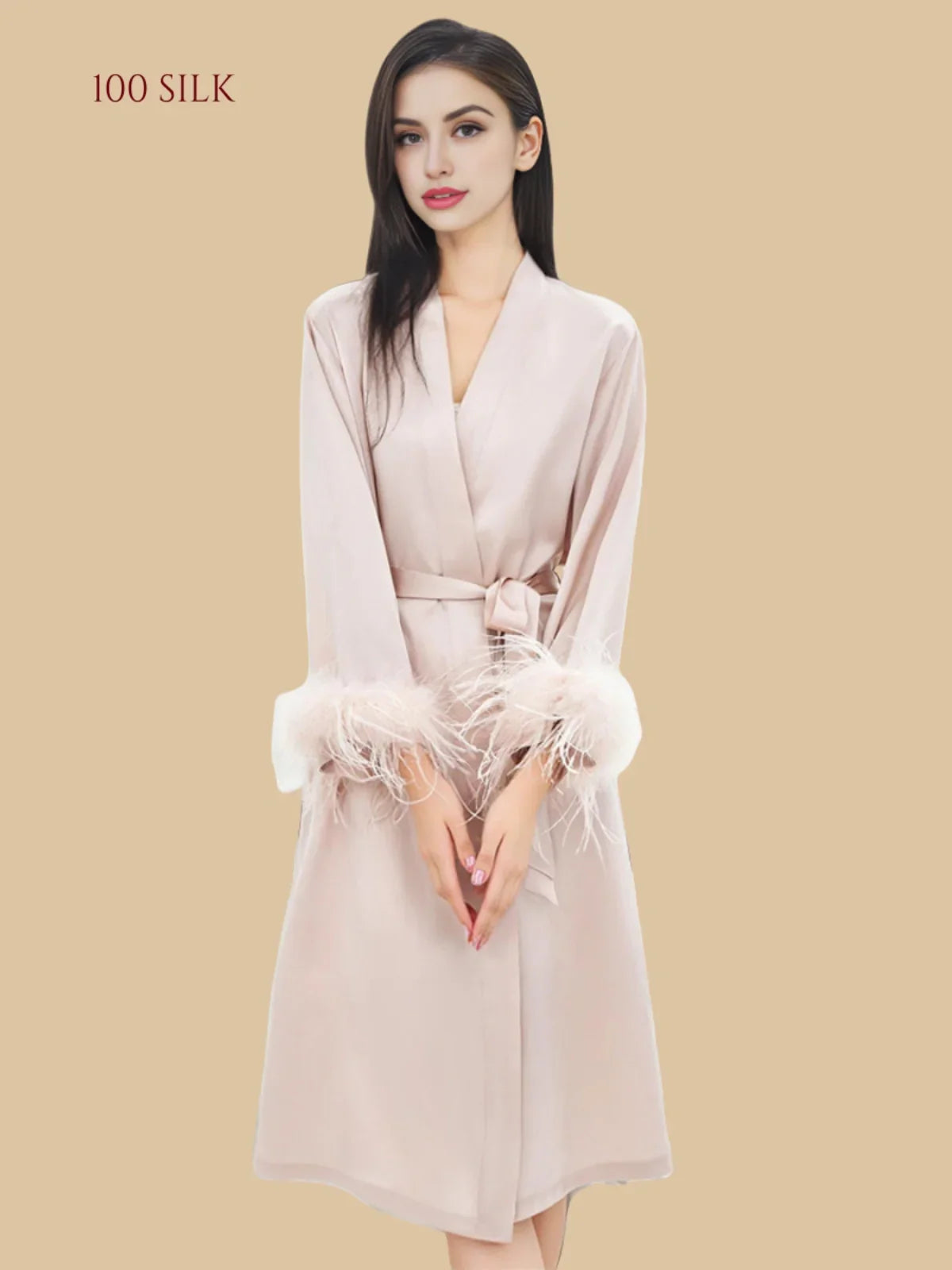 100% Mulberry Silk 19Momme Midi Kimono Robe &amp; Nightgown with Feather-Trim Cuffs