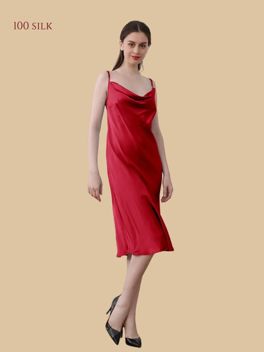 100% Mulberry Silk 19Momme Cowl Neck Spaghetti Strap Midi Nightgown