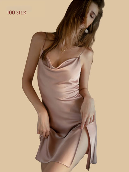 100% Mulberry Silk 19Momme Spaghetti Strap Nightgown with Side Slit Design